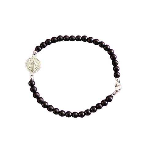 Pulsera de Ónix Negro y San Benito en Plata de Ley 925 ACTIVADA (Protección y Fortaleza Espiritual)