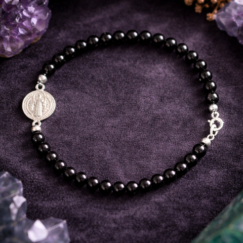 Pulsera de Ónix Negro y San Benito en Plata de Ley 925 ACTIVADA (Protección y Fortaleza Espiritual)