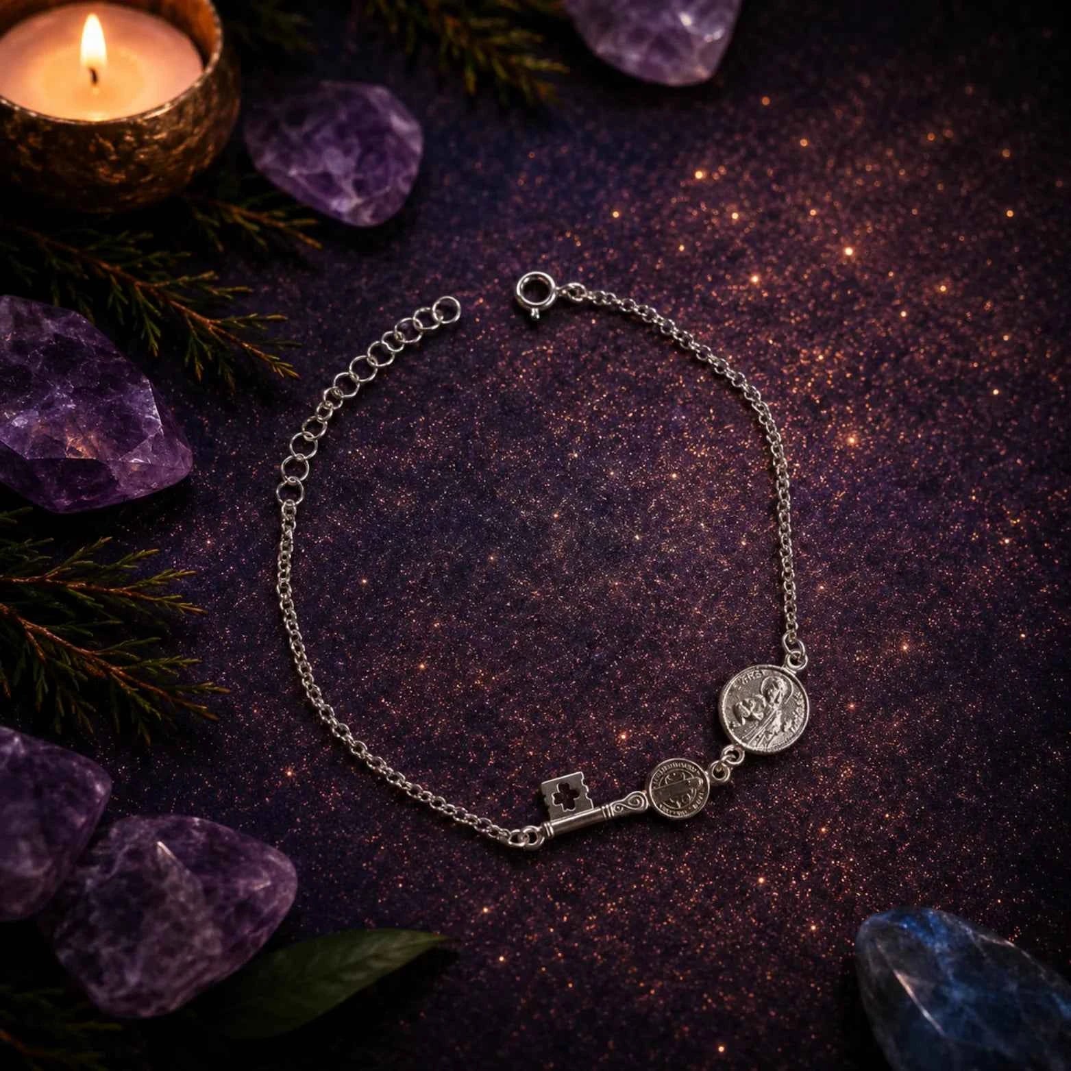 Pulsera Doble Protección Suprema con San Judas Tadeo y Llave de San Benito en Plata de Ley 925 – ACTIVADA (Protección y Apertura de Caminos)