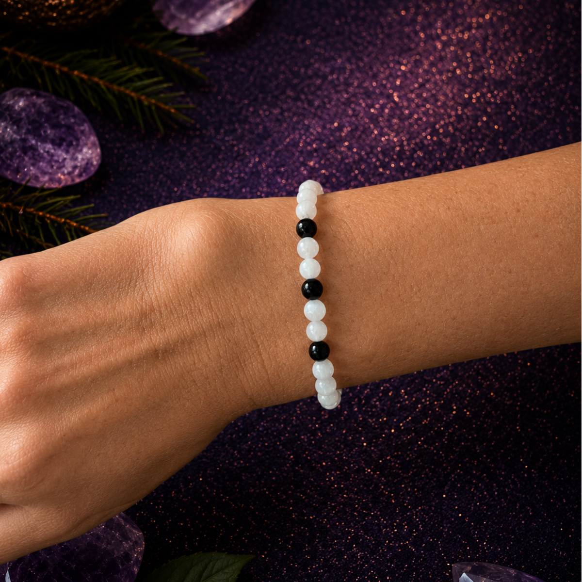 Pulsera de Selenita y Turmalina Negra Natural 6 mm (Limpieza, Protección y Equilibrio Energético)