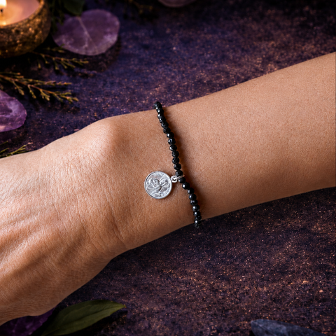 Pulsera de Turmalina con San Judas Tadeo en Plata de Ley 925 – ACTIVADA (Protección, Fortaleza y Equilibrio Espiritual)