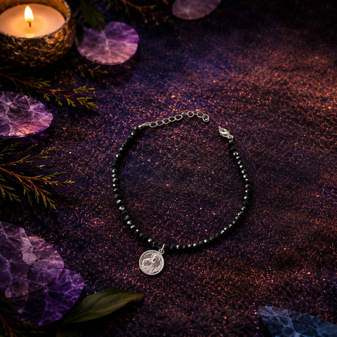 Pulsera de Turmalina con San Judas Tadeo en Plata de Ley 925 – ACTIVADA (Protección, Fortaleza y Equilibrio Espiritual)