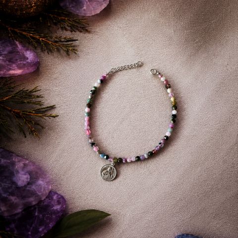 Pulsera de Turmalina con San Judas Tadeo en Plata de Ley 925 – ACTIVADA (Protección, Fortaleza y Equilibrio Espiritual)