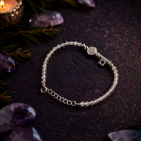 Pulsera Facetada de Cuarzo Blanco 3mm con San Benito en Plata de Ley 925 – ACTIVADA (Protección, Apertura de Caminos y Equilibrio Espiritual)