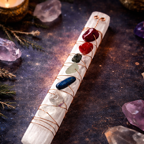 Selenite Wand with Minerals of the 7 Chakras and Copper (Energy Balance and Harmonization)