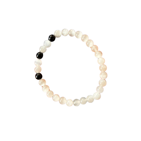 Pulsera de Selenita y Turmalina Negra Natural 6 mm (Limpieza, Protección y Equilibrio Energético)